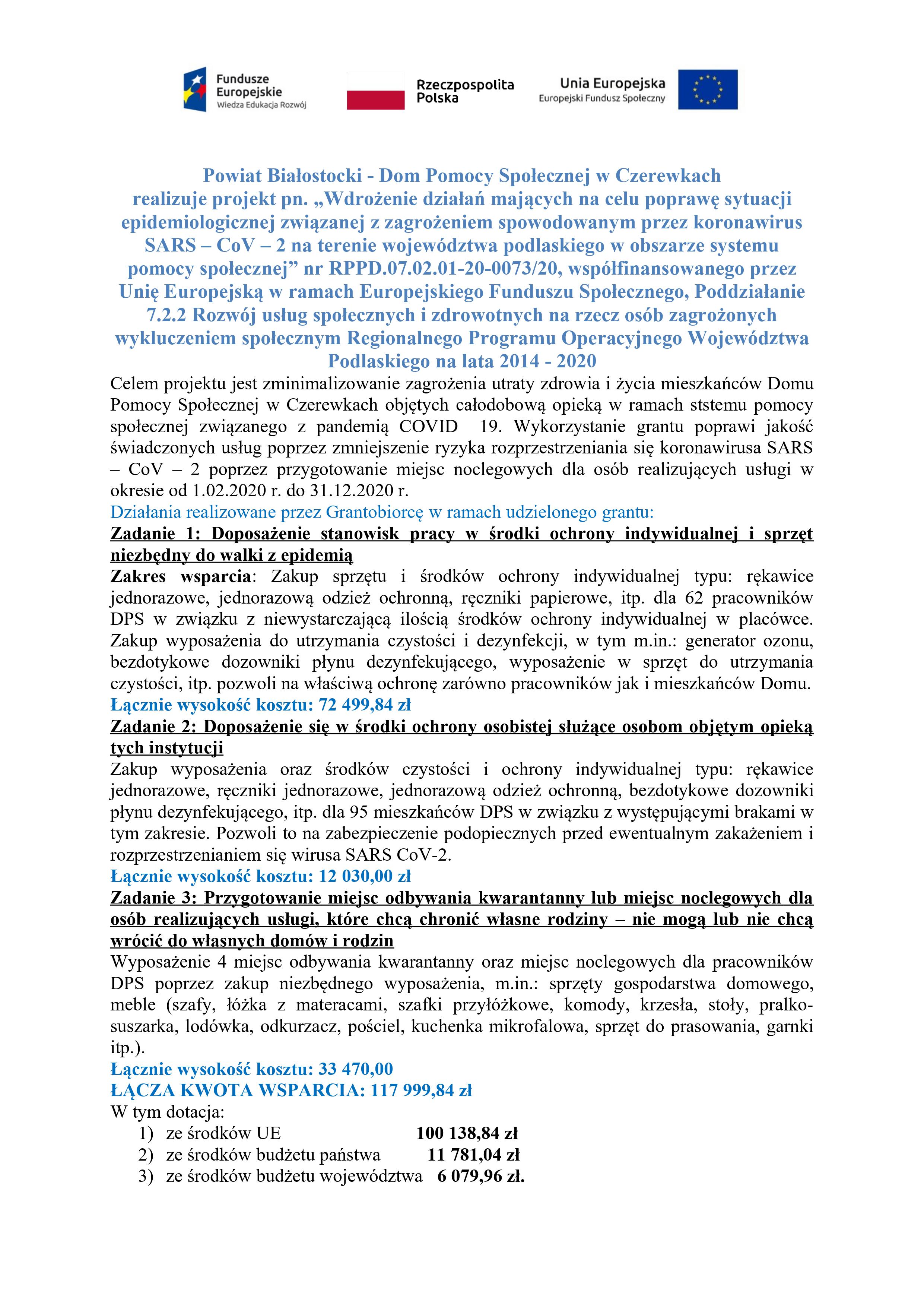 Wdroenie dziaa majcych na celu popraw sytuacji epidemiologicznej zwizanej z zagroeniem spowodowanym przez koronawirus SARS – CoV – 2 na terenie wojewdztwa podlaskiego w obszarze systemu pomocy spoecznej